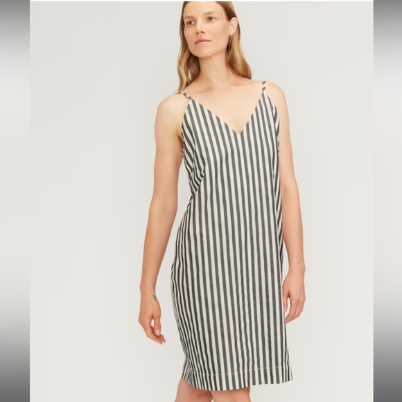 Everlane Poplin Linen Slip Dress V-Neck Black and White Stripe Size 6 Medium - Picture 9 of 12